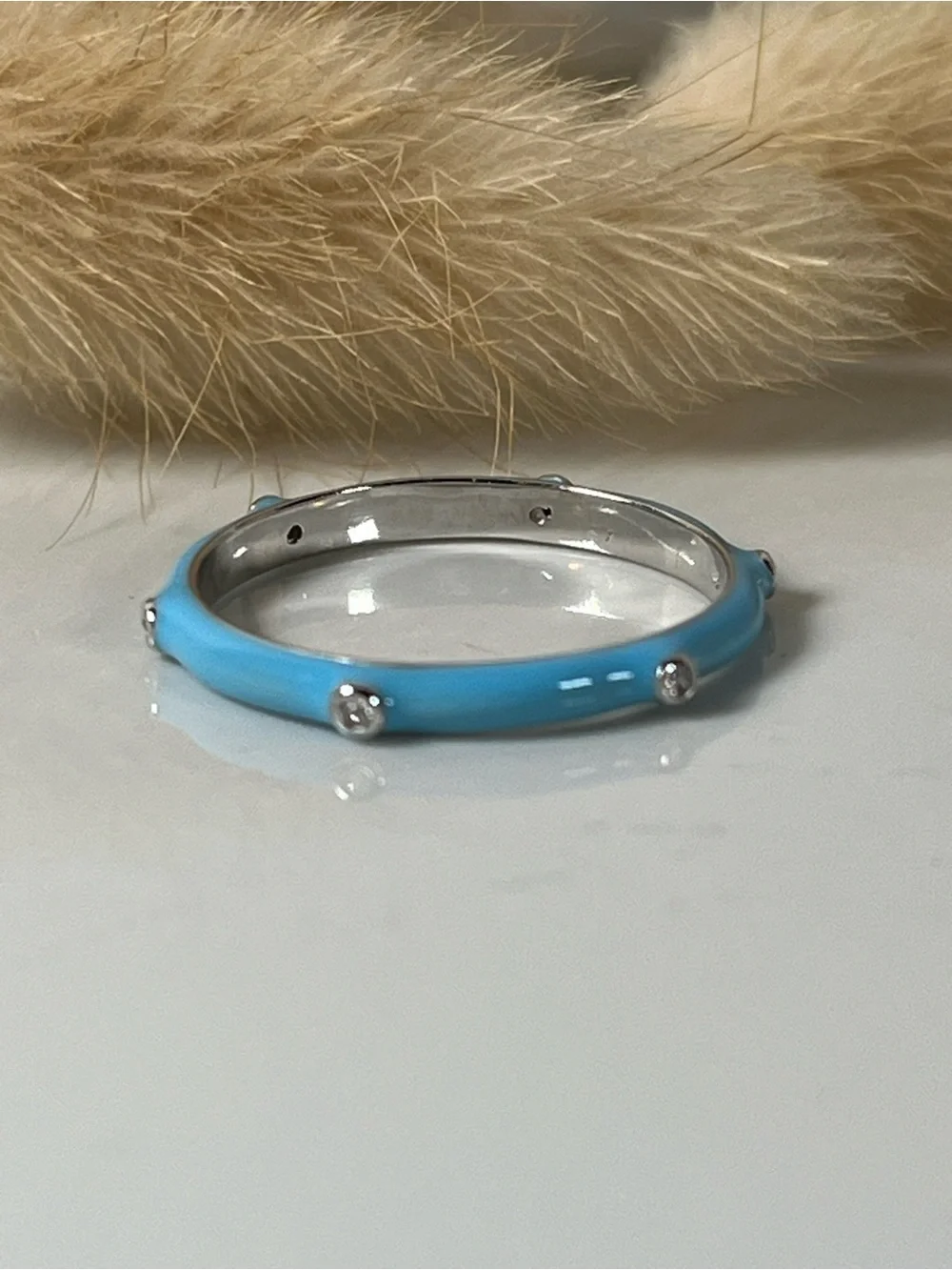 Rhodium Plated 925 Sterling Silver Turquoise Color Enamel Stacker Ring Size 7.25